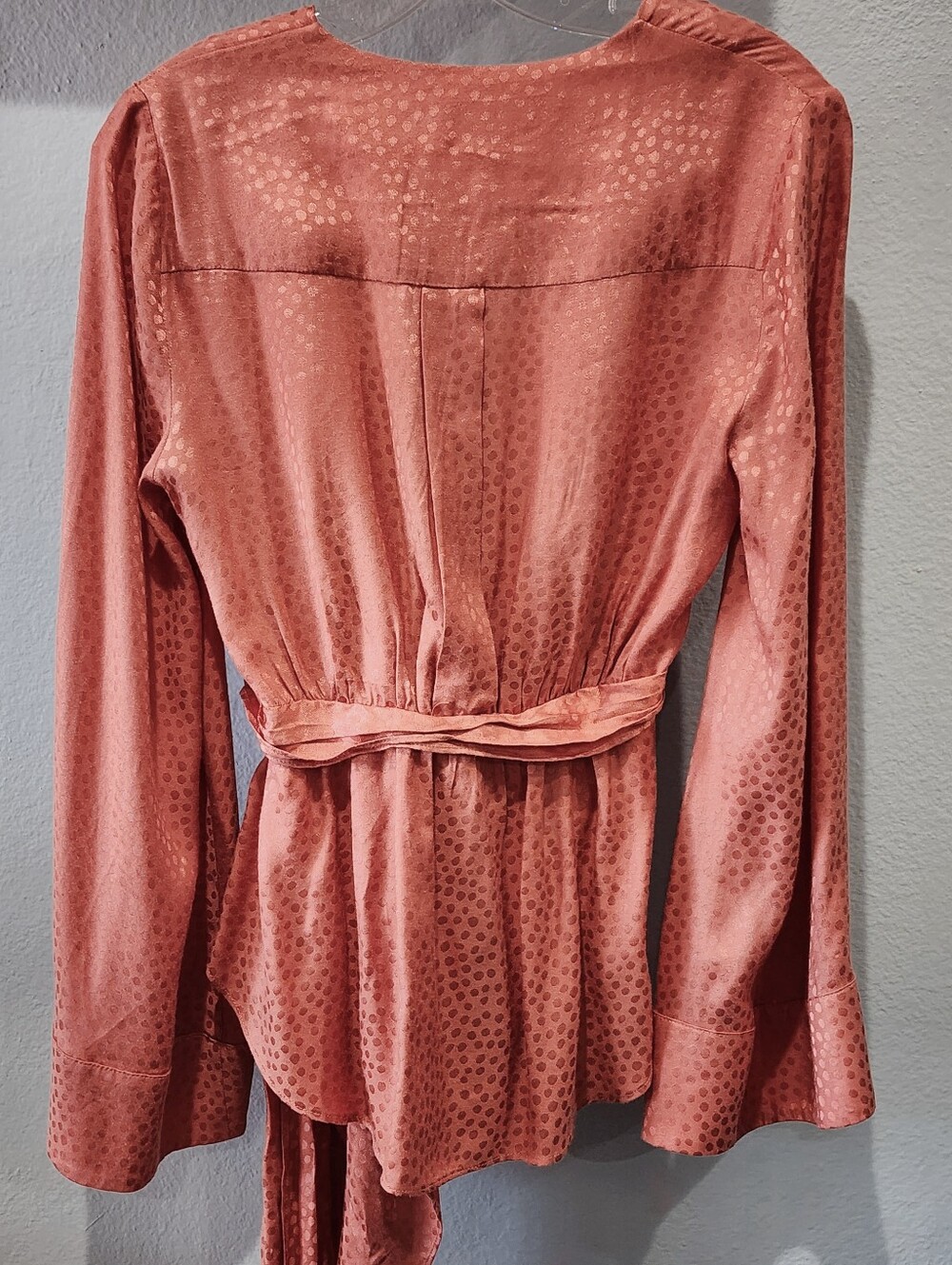 BCBG Max Azria | Textured Satin Bell Sleeve Wrap Top Blouse | Papaya | XS - Picture 10 of 12